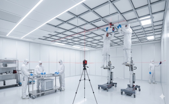 Technical alignment of cleanroom ceiling grid and wall panels in Mexican factory