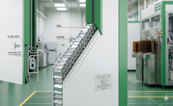 Technical cross-section of a modular Cleanroom sandwich panel showing flush integration for Class 100 sterile labs