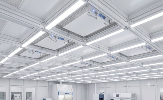 Industrial engineering view of an anodized aluminum FFU ceiling grid system integrated with automated fan filter units in a clinical white facility
