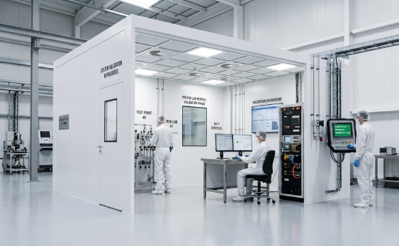 Technical news cover rendering showing factory-prefabricated modular laboratory infrastructure systems ready for global pharmaceutical project deployment